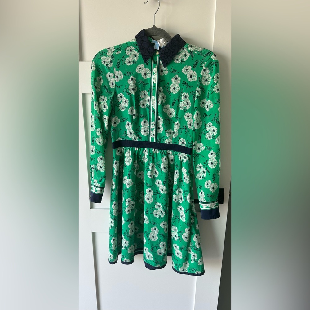 Draper James Long Sleeve Silk Dress Green Navy Size 0 Gold Accents